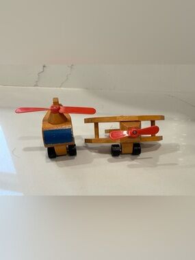 Mattel Wooden Helicopter and Biplane Toy Set - Vintage 1972
